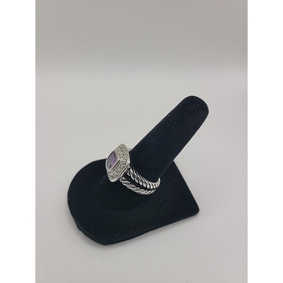 Vintage Silver Tone Purple Stone Halo Ring Rope Band Cushion Cut SZ 7 - Picture 3 of 11